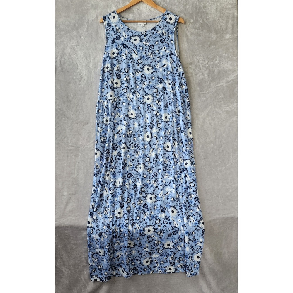 J. Jill Maxi Dress Womens Size XL Blue Floral Bird Butterfly Print Stretch Knit